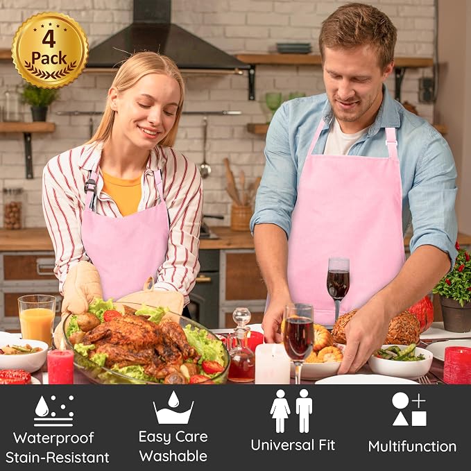 4 Packs Chef Apron with 2 Pockets, Waterproof Adjustable Apron for Men Women Perfect for Kitchen Cooking Baking Gardening Restaurant BBQ Coffee House, Professional Apron (Pink) - Image 2