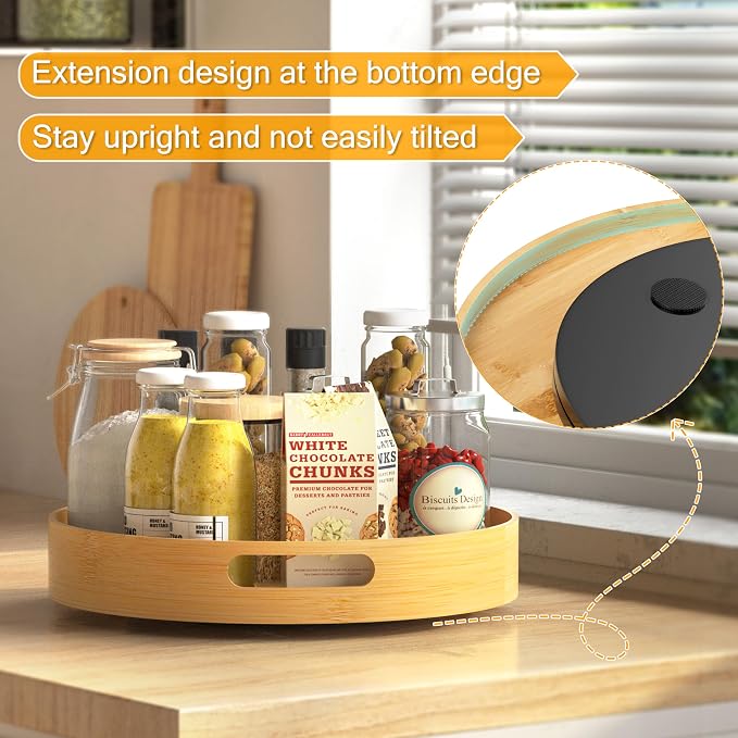 Lazy Susan Organizer Homerays 13 Inch Non-Skid Bamboo Lazy Susan for Kitchen Rotating Spice Rack with Handles, Wood Turntable for Kitchen Cabinet,Countertop (Bamboo, Large) - Image 4