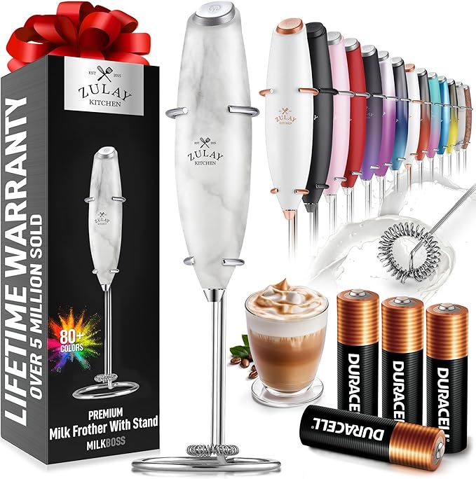 Zulay Kitchen Powerful Milk Frother Wand With 4 AA Duracell Batteries - Ultra Fast Handheld Drink Mixer - Electric Whisk Foam Maker for Coffee, Lattes, Cappuccino, Matcha & Creamer