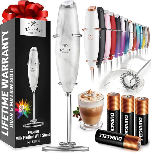 Zulay Kitchen Powerful Milk Frother Wand With 4 AA Duracell Batteries - Ultra Fast Handheld Drink Mixer - Electric Whisk Foam Maker for Coffee, Lattes, Cappuccino, Matcha & Creamer