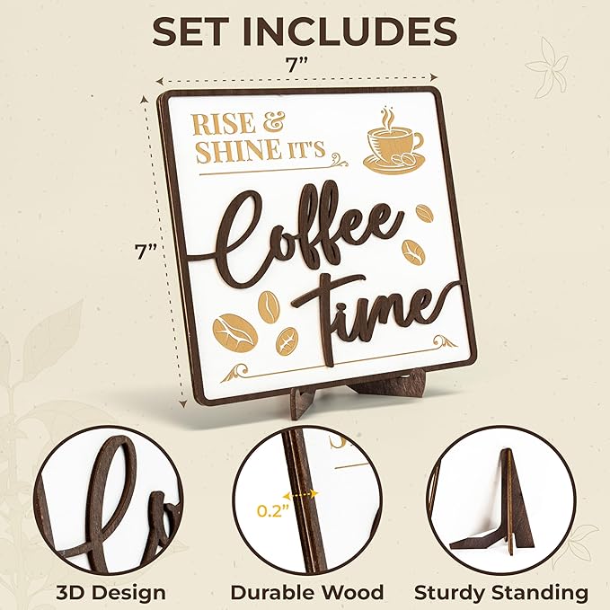 Woodamore Vintage Coffee Sign Decor - Farmhouse Coffee Bar Sign Accessories, Wood Cafe Signs For Kitchen Table Top Decor, Cafe Station Accessories