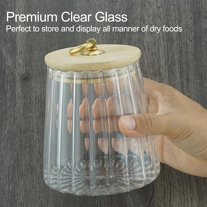 Clear Glass Jar Coffee Canister, Cookie Candy Jar Sugar Container with Airtight Bamboo Lid, 24 OZ Kitchen Food Storage Container for Pantry, Flour, Pasta, Cereal, Beans, Spice, Conical