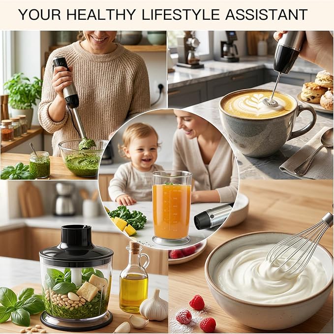 MEGAWISE HB-2062B 5-in-1 Hand Immersion Blender Set, 800W Powerful Stick Blender with Turbo Mode, Variable Speed Control, Stainless Steel Blade, Includes Whisk, Milk Frother, Chopper Bowl & Beaker