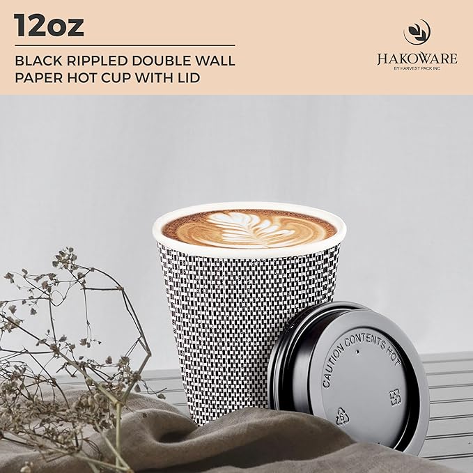 [100 SET]Harvest Pack 12 oz Disposable Coffee Cups, Insulated Ripple Double-Walled Paper Cup with Lids, Black and White Geometric, Tea Hot Chocolate Drinks To go coffee cups