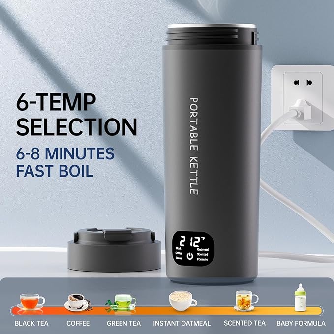Dual Voltage Portable Electric Kettle Travel Hot Water for Tea, Coffee, 6 Temperature Controls and LCD Display, 316 Stainless Steel and 450ml, Auto Shut Off & Boil Dry Protection