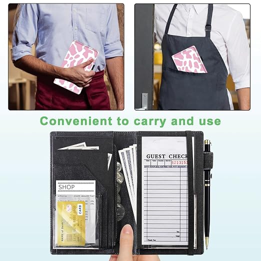 Server Books for Waitress, 5x9 Inch Waitstaff Server Order Pads, 11 Large Pockets, Cute PU Leather Waitress Book Server Wallet with Elastic Band Fit Server Apron,Pink Cow Prints - Image 4