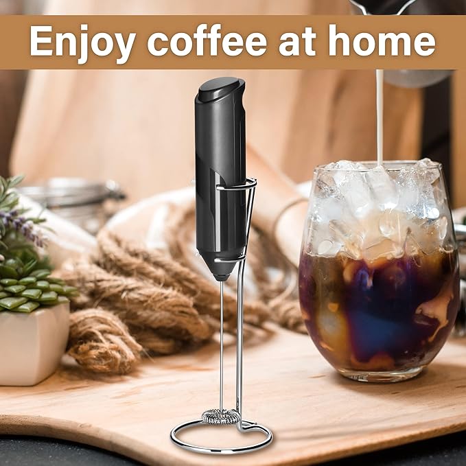 Simple Deluxe Milk Frother Handheld, Foam Maker with Stainless Steel Stand, Battery-Operated Whisk Gift for Coffee, Latte, Hot Chocolate, Black