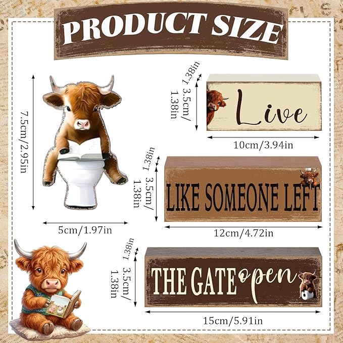Geelin 4 Pcs Highland Cow Bathroom Decorations Bathroom Wooden Table Centerpiece Blocks Highland Cow Tiered Tray Decor for Indoor Home Desk Room Shelf Decor