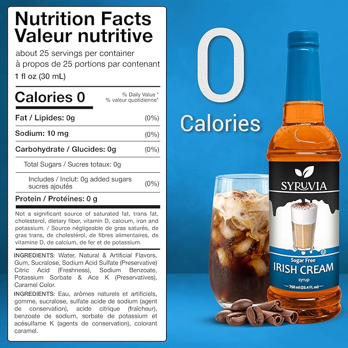Syruvia Sugar Free Coffee Syrup, Irish Cream Flavored Syrup for Drinks, Lattes, and Desserts – 25.4 fl oz