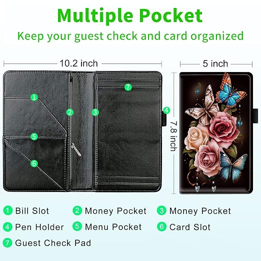 Server Books for Waitress, with 7 Large Pockets, Waiter Serving Book, Waitstaff Server Order Pads, Cute PU Leather Server Book with Pen Holder Fit Server Apron, Colorful Butterflies Rose - Image 3
