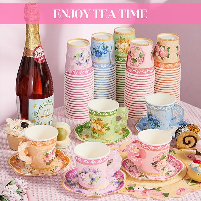 Nuogo 300 Pcs Disposable Tea Party Supplies Vintage Floral Paper Tea Cups with Handle and Plates Napkins Tea Cup and Saucer Set for Birthday Baby Shower Bridal Wedding Mother's Day, Serve 100 Guest