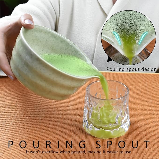 Artcome 4-Piece Matcha Tea Set - Complete Japanese Ceremony Kit with Bowl, Whisk, Whisk Holder, Scoop & Guide, Mottled Light Green