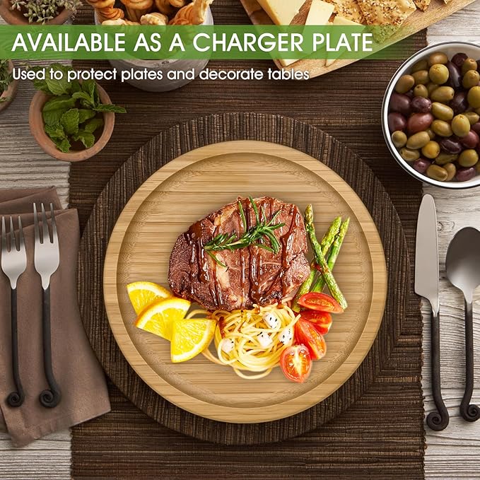 Small Bamboo Plates 8-inch Round ServingTray Wooden Plate Reusable, Mini Wood Serving Platter for Dinner, Dessert, Salad, Appetizer, Snack.