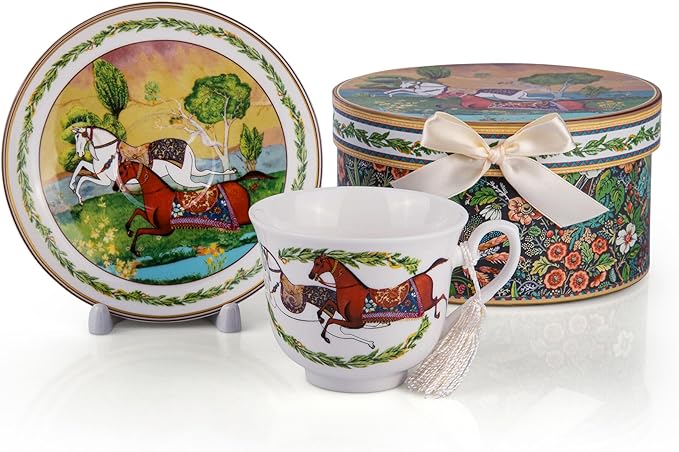 STP GOODS Bone China Tea/Coffee Cup and Saucer in Gift Box Fine Bone China Tea Cup and Saucer Set of One (Running Horse)