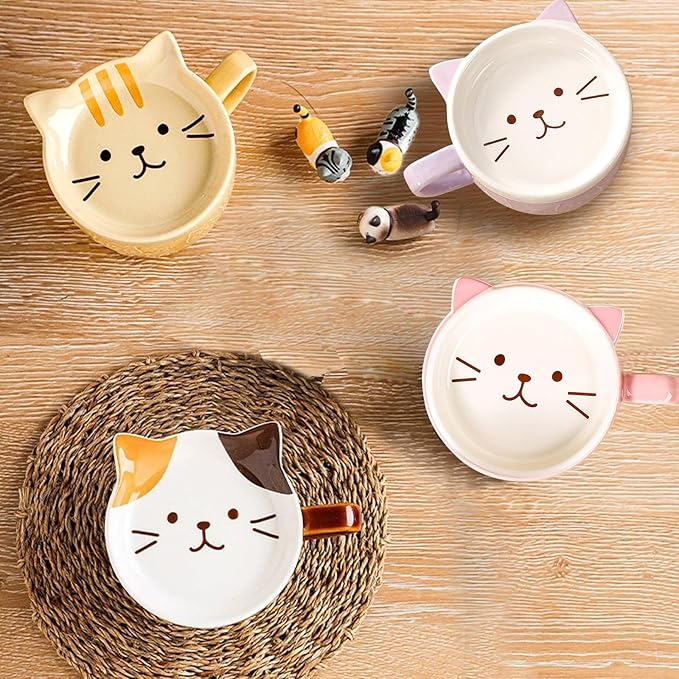 2PCS Cute Kawaii Cat Tea Cup Ceramic Coffee Mug with lid, Tea Cups and Saucers for Dessert, Cute Gifts for Cat Lovers, Anime Fans, Christmas for Women 10oz (Pink + Purple)