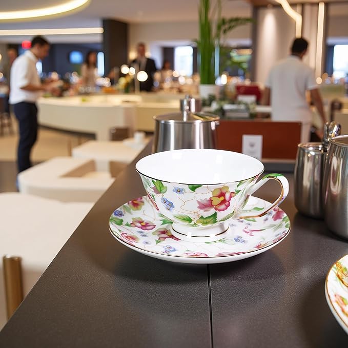 Tea cup and Saucer Set Royal Garden Style Tea Coffee Cup with Saucer 7 Ounces Bone China Teacup and saucer Set (White-Flower)
