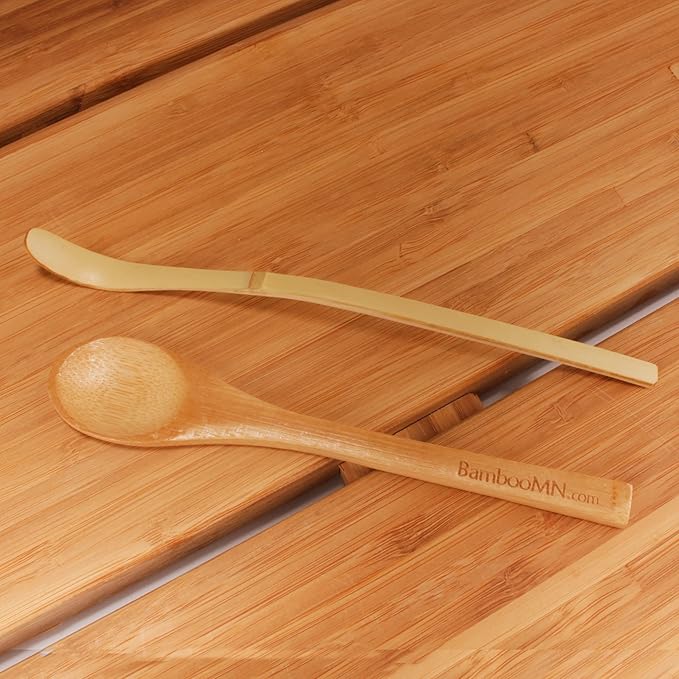 BambooMN Matcha Whisk Set - Golden Chasen (Tea Whisk), Chashaku (Hooked Bamboo Scoop), Deep Scoop, Tea Spoon - 2 Sets