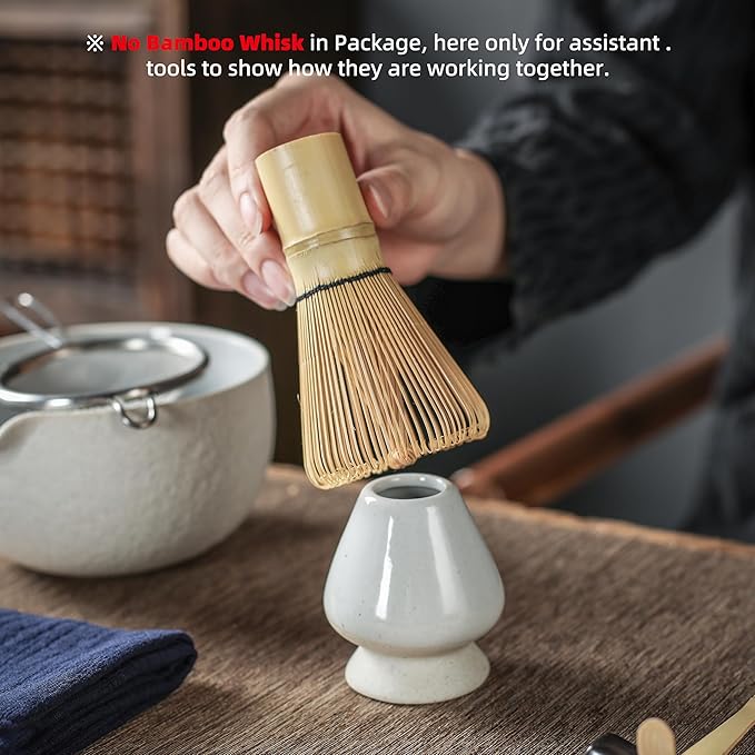 TEANAGOO Matcha Bowl with Spout, 2-PCS Ceramic Matcha Bowl and Whisk Holder (Chawan), 18 OZ/510ML White Bowl with Stand, Green Tea Traditional Ceremonial Accessories, Gift Set for Friend, Matcha Set