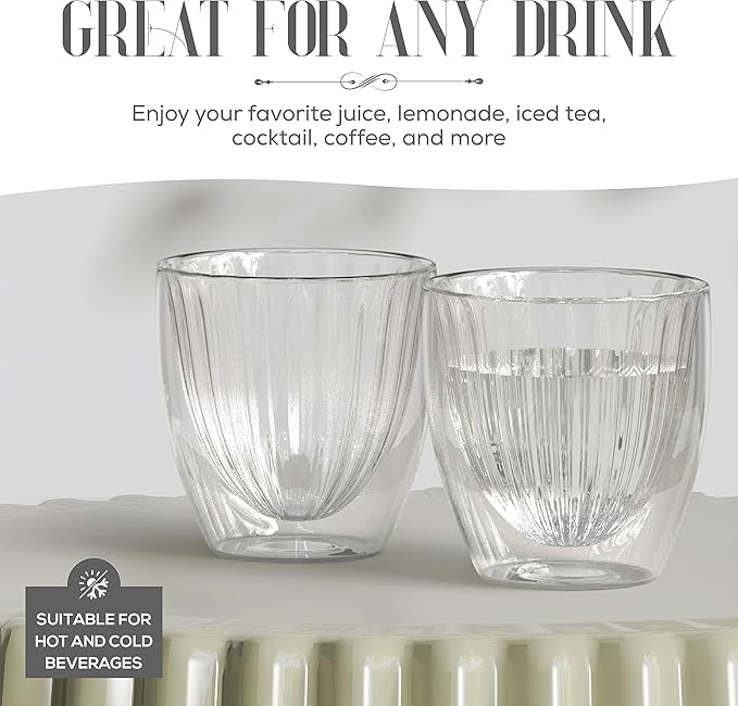 Elle Decor Ribbed Double Wall Coffee Cups, Set of 2 – 8 Oz Insulated Clear Glass Mugs for Espresso, Cappuccino, Latte & Tea, Heat Resistant Ribbed Design, Borosilicate Glass