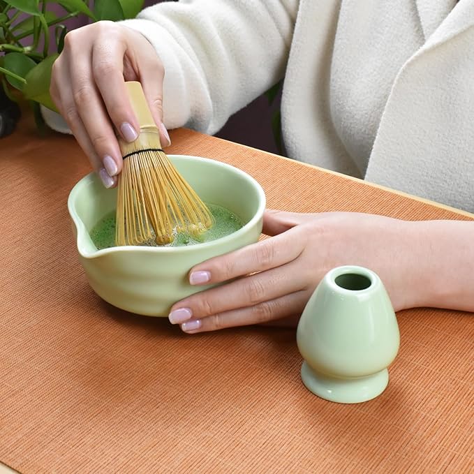 Artcome 4-Piece Matcha Tea Set - Complete Japanese Ceremony Kit with Bowl, Whisk, Whisk Holder, Scoop & Guide, Green