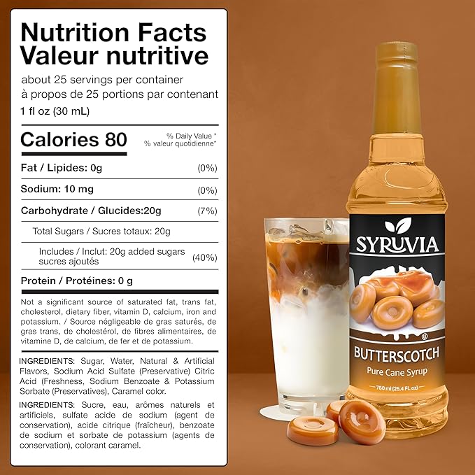 Syruvia Coffee Syrup, Butterscotch Flavored Syrup for Drinks, Lattes, and Desserts – 25.4 fl oz,
