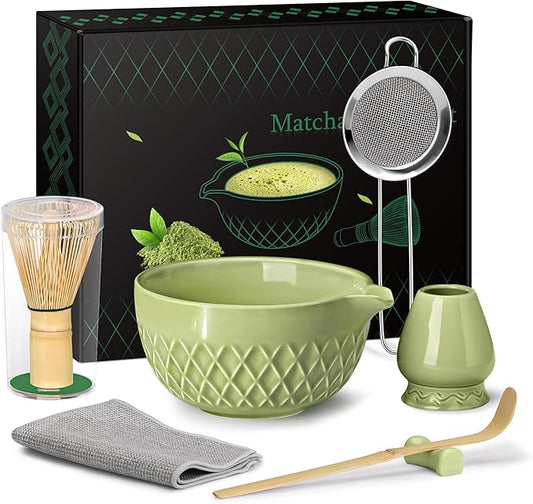 Matcha Whisk Set, 7 Pcs Matcha Kit, Ceramic Matcha Set Includes Matcha Bowl with Spout, Matcha Whisk and Holder, Bamboo Scoop, Scoop Rest, Sifter and Tea Towel (Matcha Green)