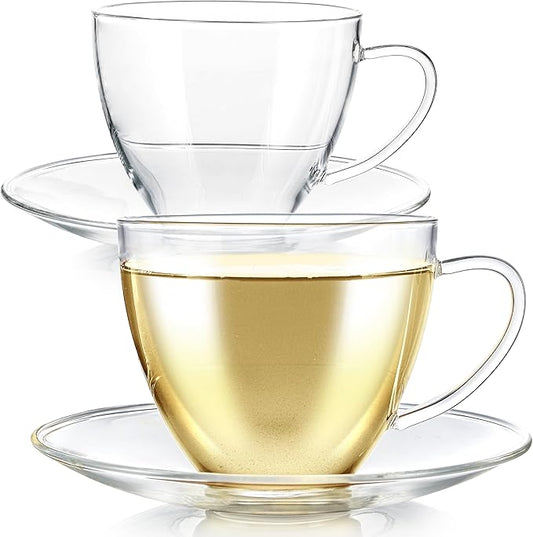 Teabloom Royal Teacup and Saucer Set 2-Pack – 12 OZ/ 350 ML Capacity – Glass Mug Set – Premium Borosilicate Glass – Durable and Heat Resistant
