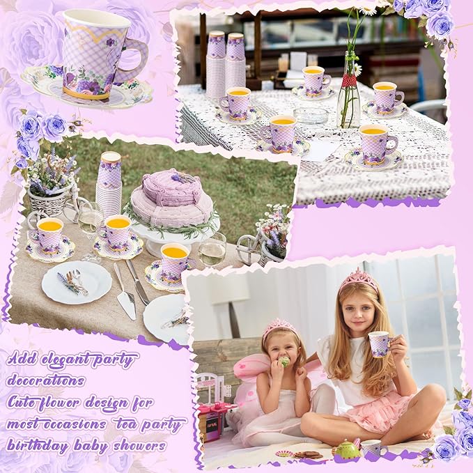 Tioncy 100 Pcs Tea Party Decorations Include 50 Pieces 9 oz Paper Tea Cups with Handle and 50 Plates Disposable Teacups and Saucers Sets for Birthday(Flower)