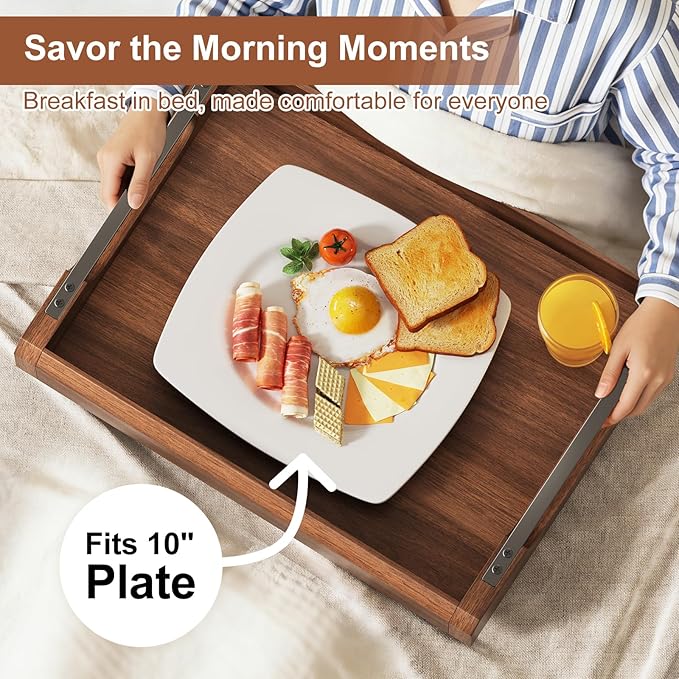 Set of 2 Acacia Wooden Ottoman Tray for Living Room, Wood Serving Tray with Handles, Decorative Coffee Table Trays for Ottoman, Large Serving Platter for Dinner, Breakfast in Bed, Kitchen Counter Top