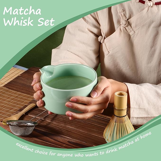 Matcha Whisk Set,Bamboo Matcha Whisk (Chasen),Traditional Scoop(Chashaku),Stainless Steel Sifter,Tea Spoon,Ceramic Holder,Japanese Tea Tools For Ceremony