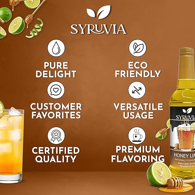 Syruvia Honey Lime Syrup, Natural Flavors, Syrup for Drinks, Lattes, and Desserts – 25.4 fl oz