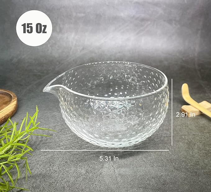 Matcha Bowl with Spout, Japanese Style Chawan, Matcha Mixing Bowl, Lead-Free Glass Tea Bowl with Pour Spout 15 Oz, Matcha Ceremony Accessories