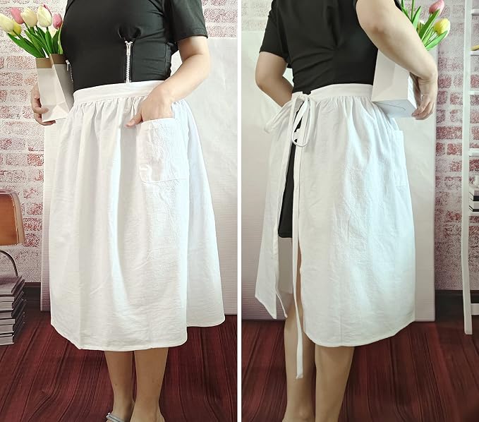 Unisex Chef Aprons White Retro Cotton Maid Short 2 Pockets Waist Waiter Waitress Half Apron - Image 6