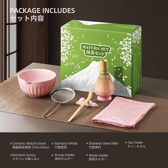 Matcha Whisk Set, 7Pcs Pink Matcha Kit Includes Ceramic Bowl, Whisk and Holder, Bamboo Scoop, Scoop Rest, Sifter and Tea Towel