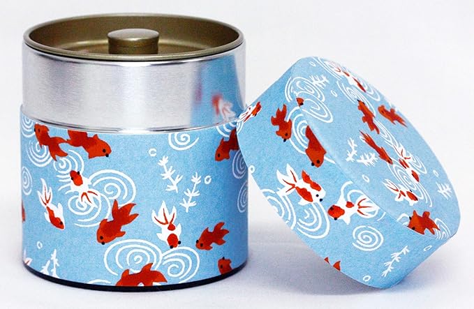 Washi Paper Tea Tin Canister: Wide 3.5oz (100g) Gold Fish (#14), Japan