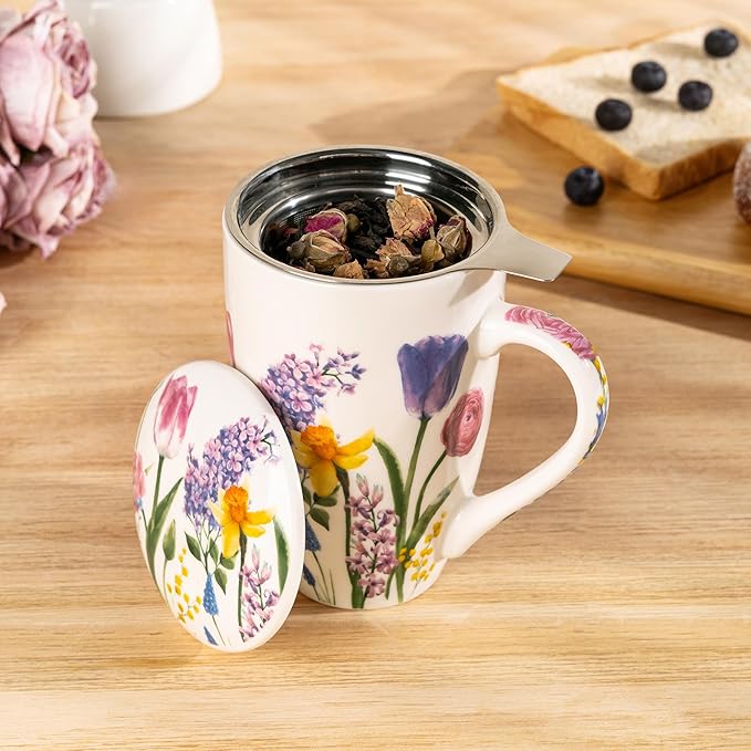 GBhome Tea Mug with Infuser and Lid, 18 Ounce Large Ceramic Loose Leaf Cup, Microwave, Dishwasher Safe, Perfect for Tea Lovers