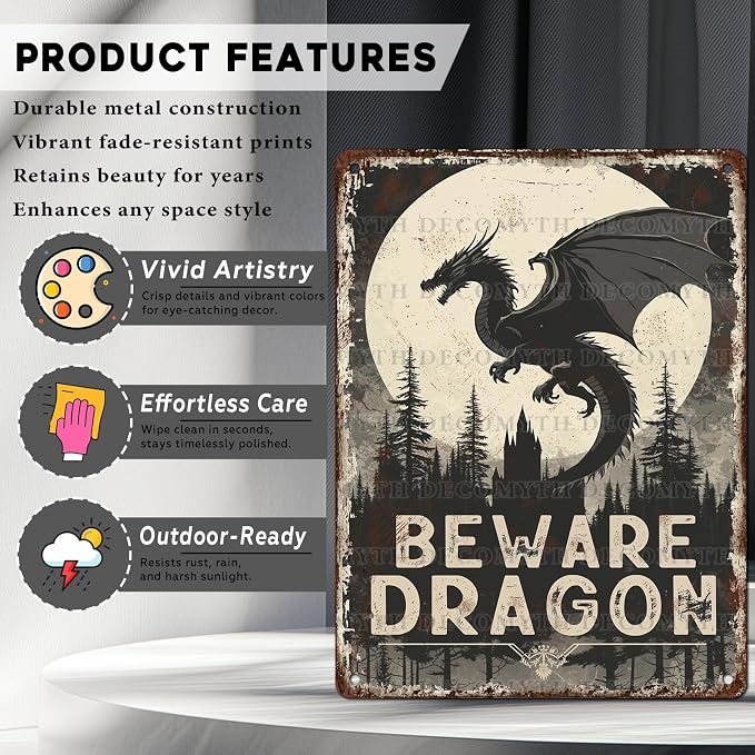Dragon Sign Beware of Dragon Metal Tin Sign for Home Farm Outdoor Bathroom Restaurant Cafes Bars Club Kitchen Garage Vintage Art Wall Decor 12 * 16inch - Image 2