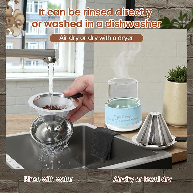 Single Serve Immersion Coffee Maker, Glass Pour Over Coffee Dripper with Reusable Stainless Steel Filter, Manual Coffee Brewer Cup for Home Office Travel-TMF