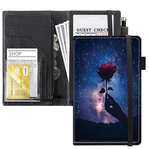 Server Books for Waitress, 5x9 Inch Waitstaff Server Order Pads, 11 Large Pockets, Cute PU Leather Waitress Book Server Wallet with Elastic Band Fit Server Apron,Rose in Starry Sky by Unknown