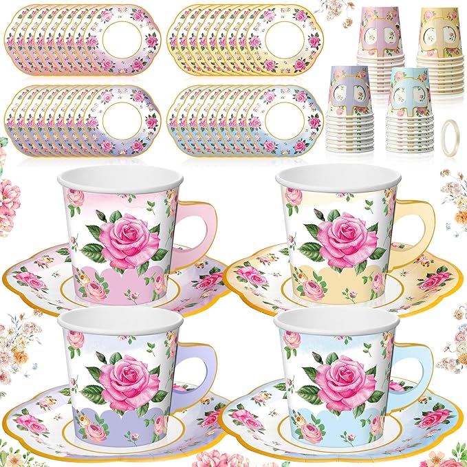 36 Sets Tea Party Decorations 6.5 oz Floral Paper Tea Cups with Handle and Plates Disposable Blossom Teacups and Saucers Sets for Girls Kid Birthday Garden Wedding Party Supplies(Gradient Mixed Color)