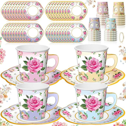 36 Sets Tea Party Decorations 6.5 oz Floral Paper Tea Cups with Handle and Plates Disposable Blossom Teacups and Saucers Sets for Girls Kid Birthday Garden Wedding Party Supplies(Gradient Mixed Color)