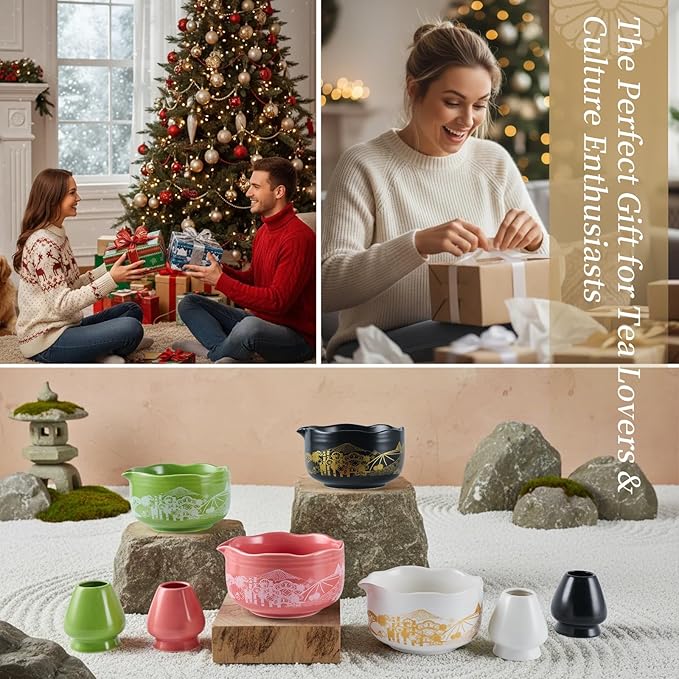 Traditional Matcha Tea Set Kit White, Japanese Matcha Making Tools Ceramic Bowl and Whisk Holder Accessories Gift Set for Women Friends