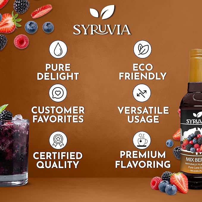 Syruvia Mix Berry Flavored Syrup for Drinks, Cocktails, Lemonades, Iced Teas and Desserts – 25.4 fl oz, With Pump