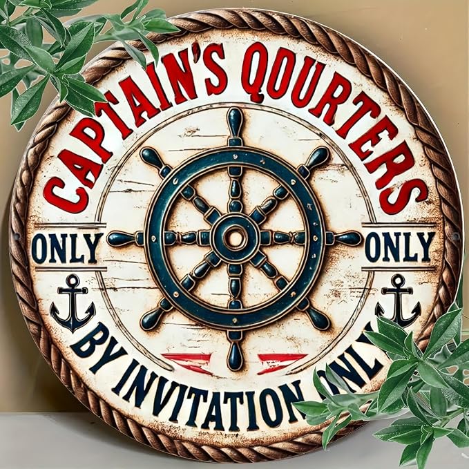 Vintage Captain's Quarters Nautical Aluminum Sign, Invitation-Only Maritime Decorative Wall Plaque for Room, Cafe, Garage, Farmhouse - Circular Foil Engraved Metal Decor - Image 2