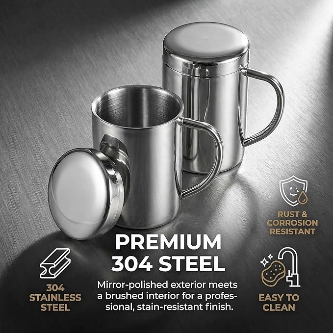 Yesland 2 Pack 13.5 oz Stainless Steel Double-Walled Metal Mugs, Insulated Coffee Cup with Lid and Handle, Thermal Camping Mugs for Coffee, Milk, Juice, Tea and Cold or Hot Drinks