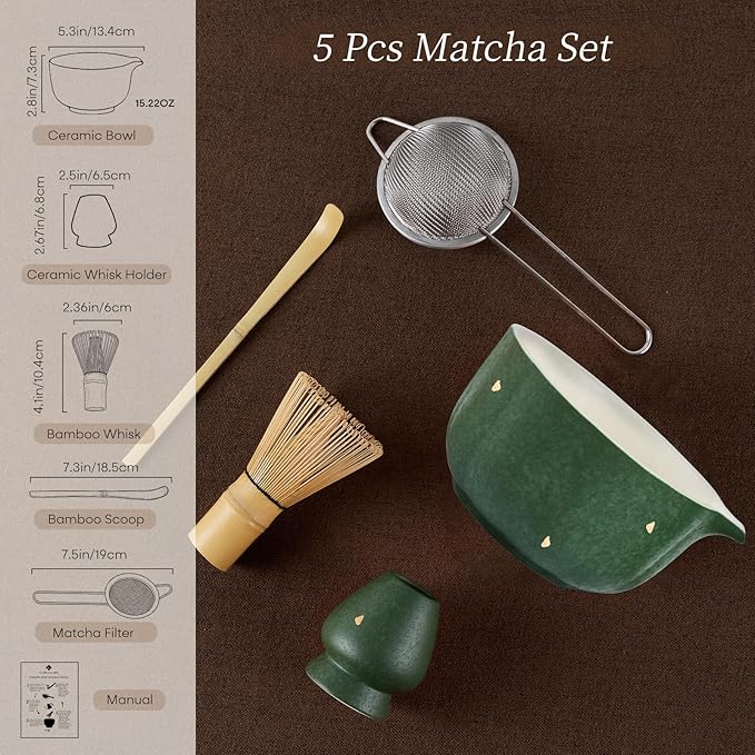 Matcha Whisk Set, Matcha Tea Set with Pumpkin Design, Includes Matcha Bowl & Holder, Bamboo Whisk (Chasen), Scoop and Sifter, 5PCS Matcha Kit Covers Everything Needed for Matcha Lovers, Green