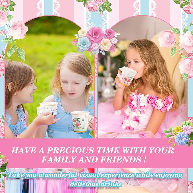 160 Pcs Floral Paper Tea Cups and Saucers 7 OZ Disposable Paper Tea Cups with Handle and Plates for Tea Party Decoration Birthday Baby Shower Bridal Wedding Mother's Day