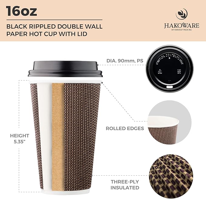 [85 SET]Harvest Pack 16 oz Disposable Coffee Cups, Insulated Ripple Double-Walled Paper Cups with Lids, Brown Geometric, Drinking Cups for Tea Hot Chocolate Drinks To go coffee cups