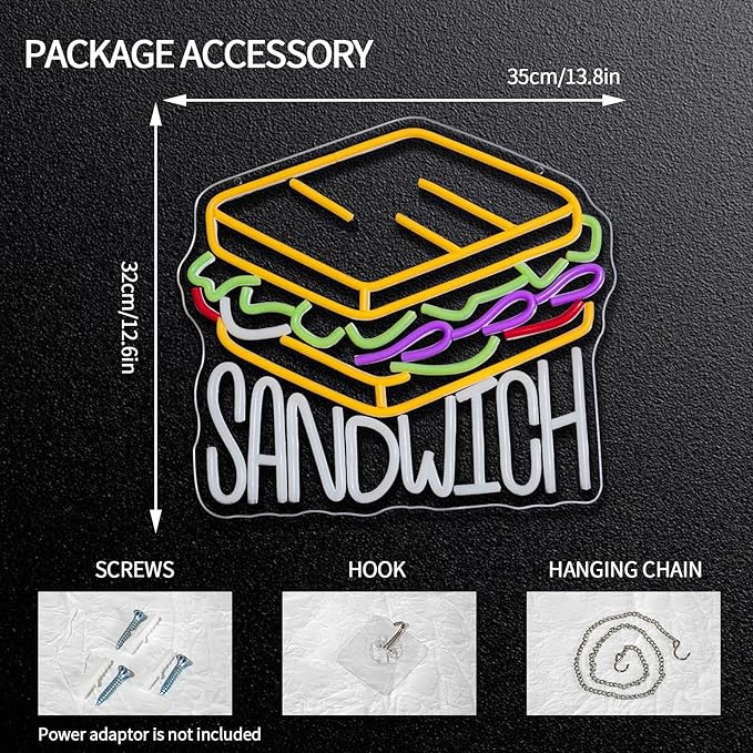 Sandwich Neon Sign Dimmable Food Neon Light Sign for Wall Decor Letters Snacks Led Signs for Home Kitchen Restaurant Store Fast Food Man Cave Bar Party Business Decor Gift 13.8" x 12.6"