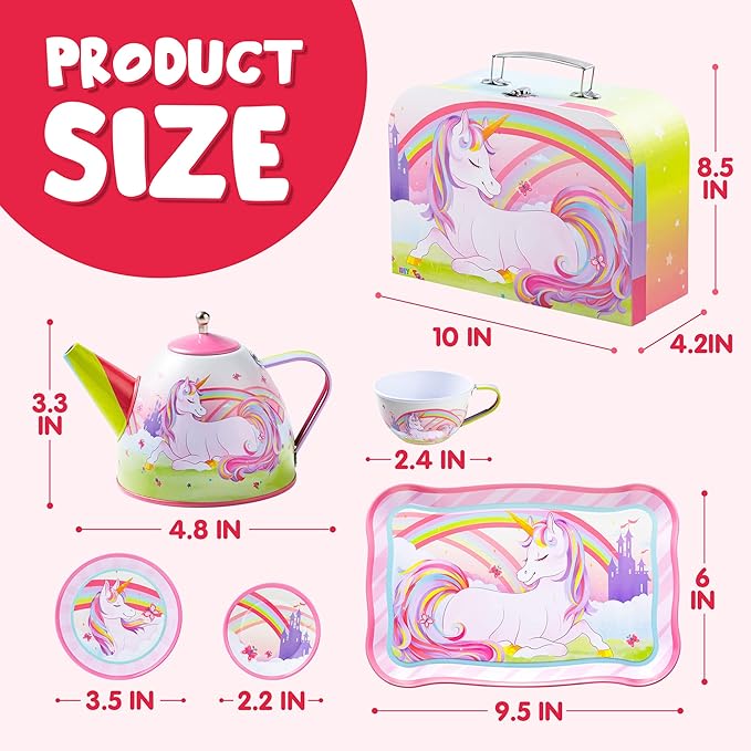 JOYIN Unicorn Tea Party Set for Little Girls, Pretend Pink Tin Teapot Set, Princess Tea Time Play Kitchen Toy with Teapot, Cup, Plate, Carrying Case for Kids Toddlers Age 3 4 5 6, Easter Birthday Gift